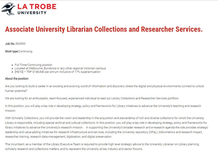 la trobe university website explaining what the associate university librarian would be doing