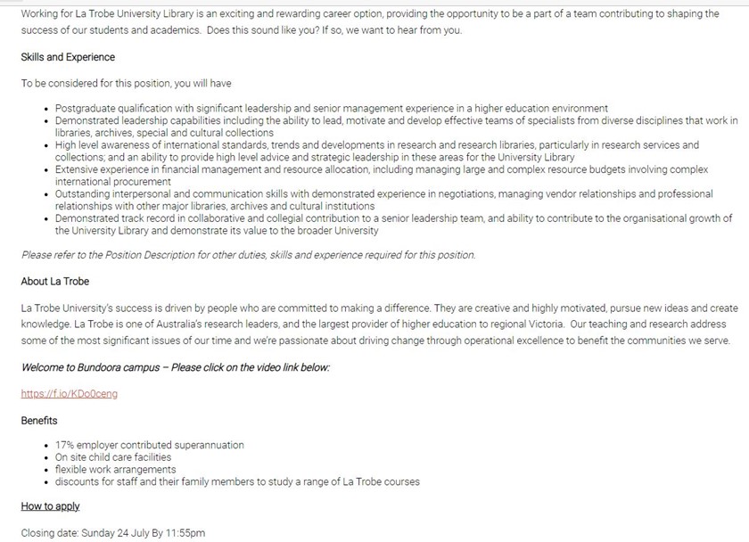 la trobe university website explaining the required skills and experience for the associate university librarian position, info about la trobe uni, the job's benefits and the closing application date