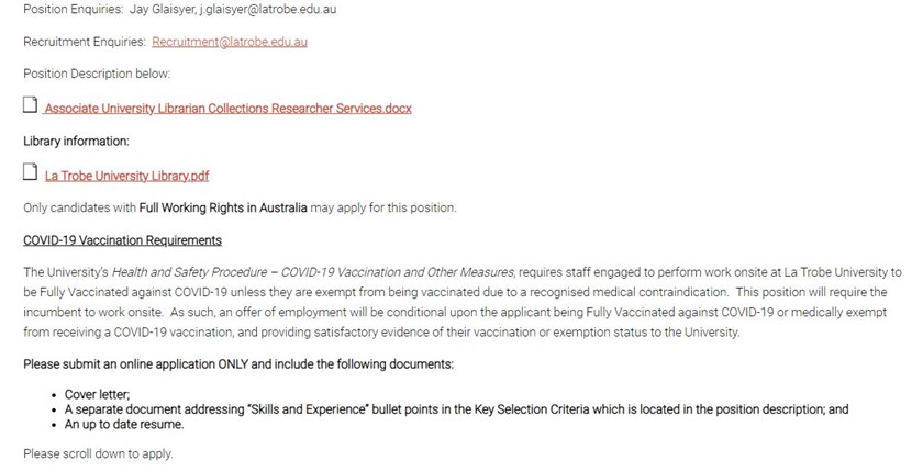 la trobe university website explaining covid vaccination requirements and what documents to submit to apply to this position