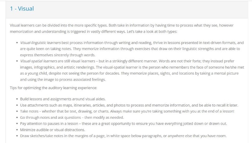 learning style website explaining visual learning